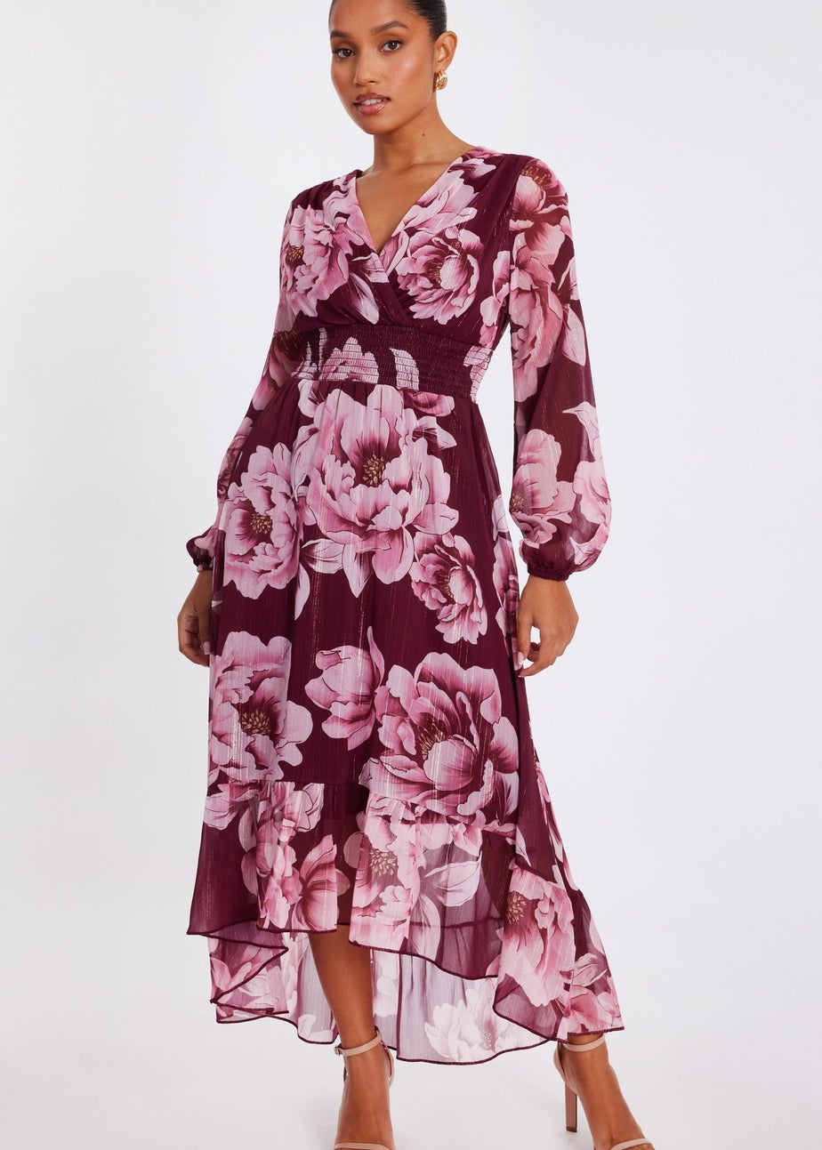 Quiz Burgundy Petite Floral Tiered Midaxi Dress