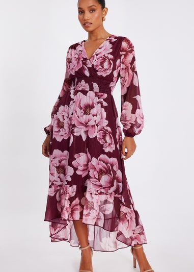 Quiz Burgundy Petite Floral Tiered Midaxi Dress