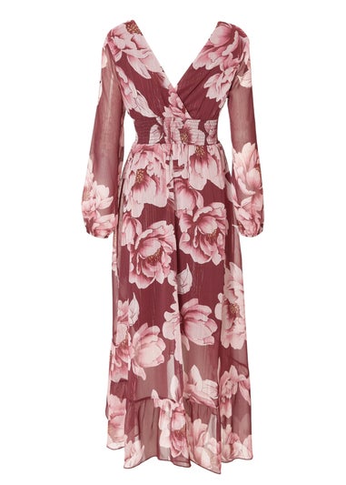 Quiz Burgundy Petite Floral Tiered Midaxi Dress