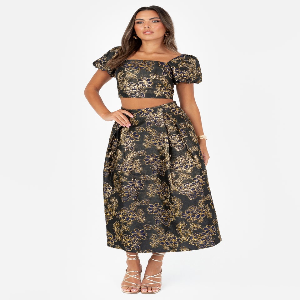 Maya Deluxe Floral Jacquard Pleated Midi Skirt