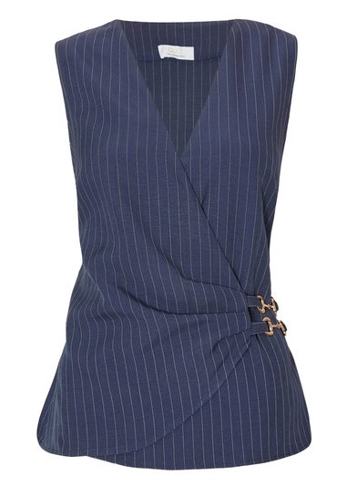 Quiz Navy Pinstripe Wrap Waistcoat
