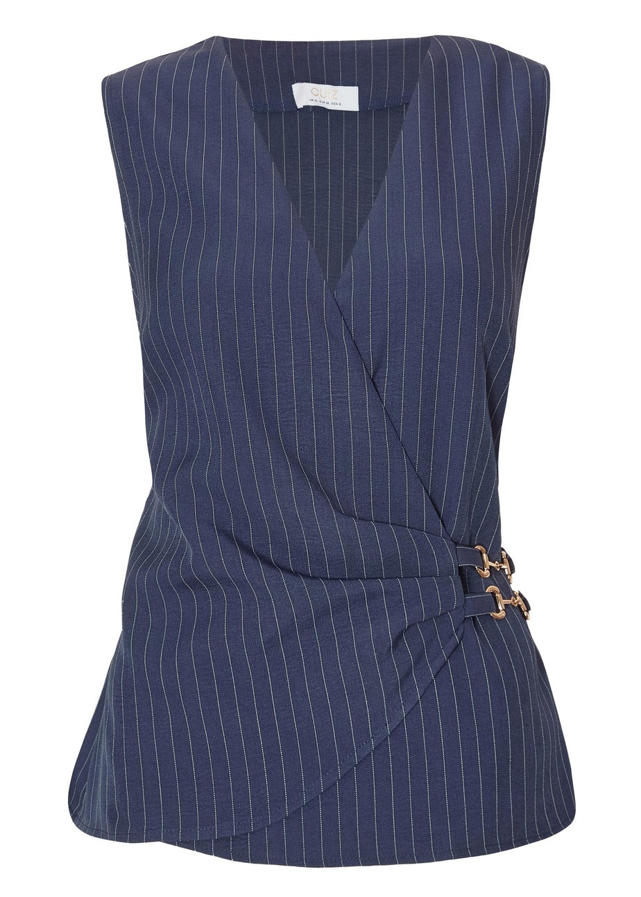 Quiz Navy Pinstripe Wrap Waistcoat