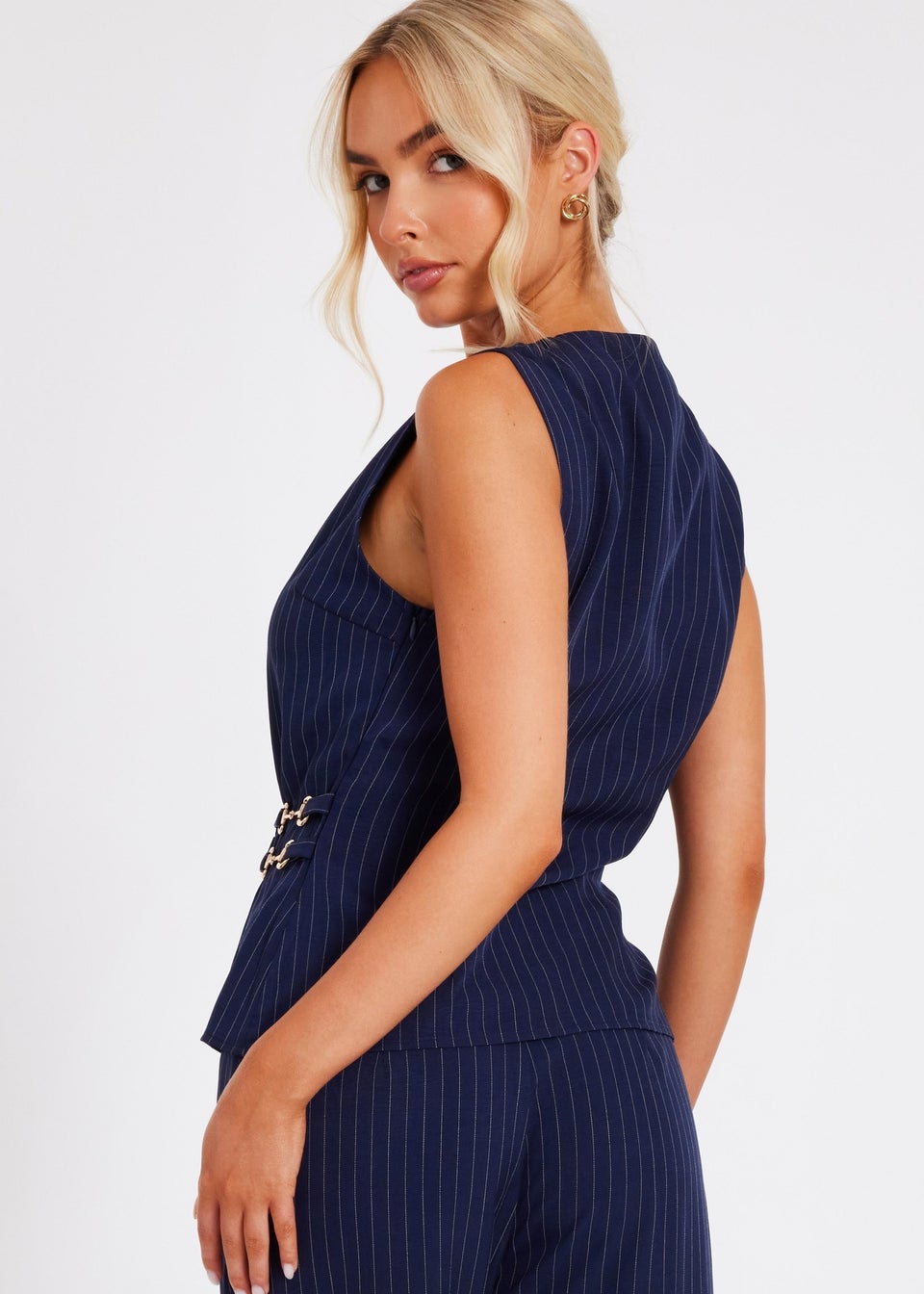 Quiz Navy Pinstripe Wrap Waistcoat