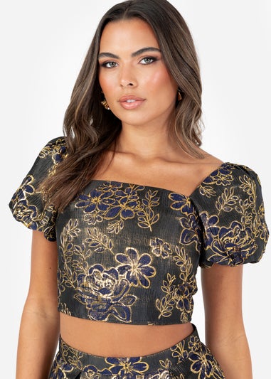 Maya Deluxe Floral Jacquard Square Neck Puff Sleeve Crop Top