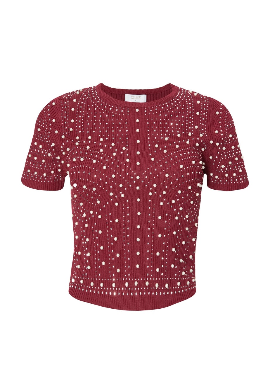 Quiz Burgundy Knit Embellished Crop Top