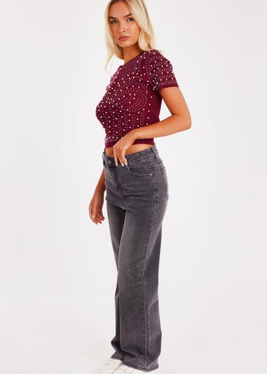 Quiz Burgundy Knit Embellished Crop Top