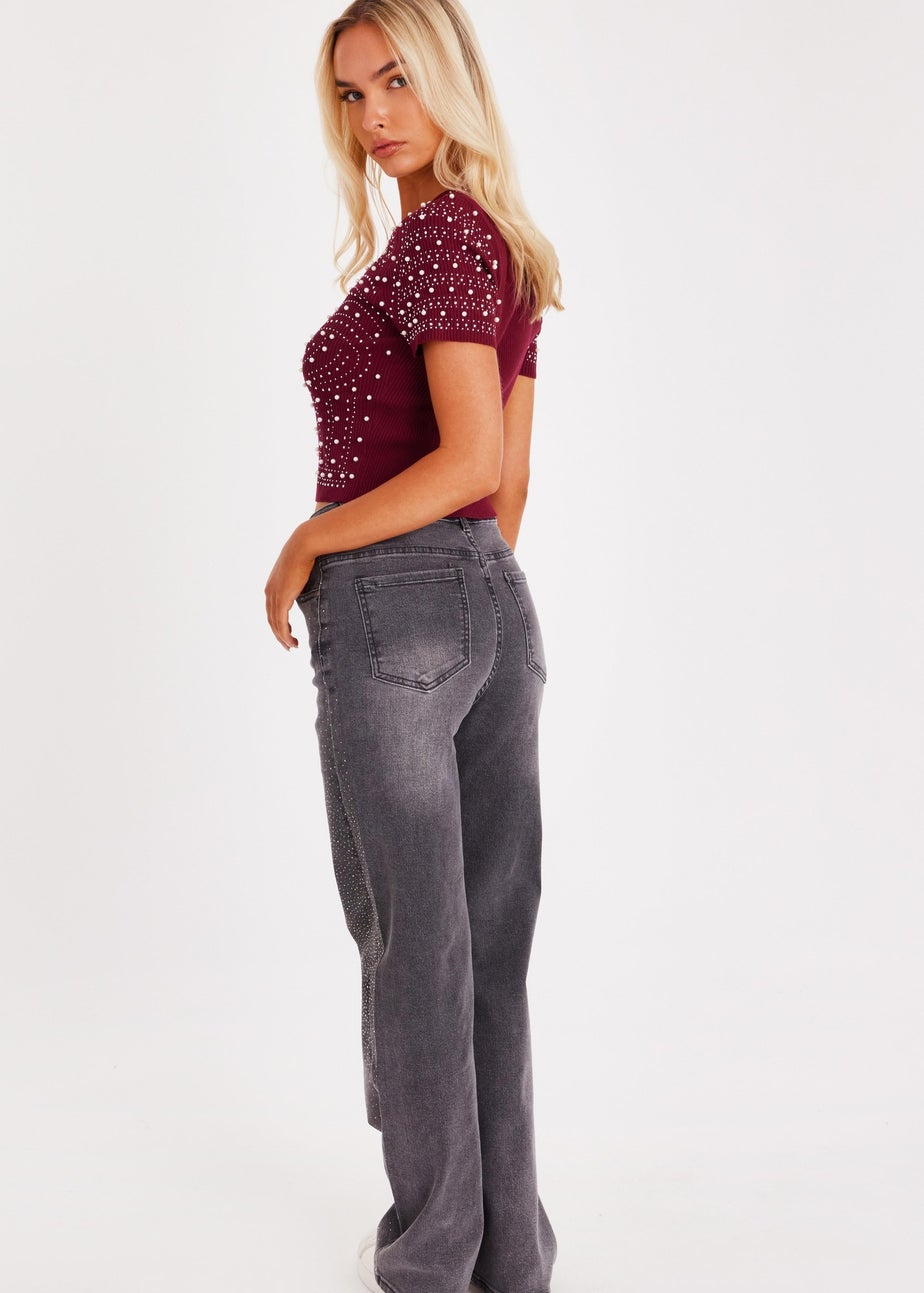 Quiz Burgundy Knit Embellished Crop Top