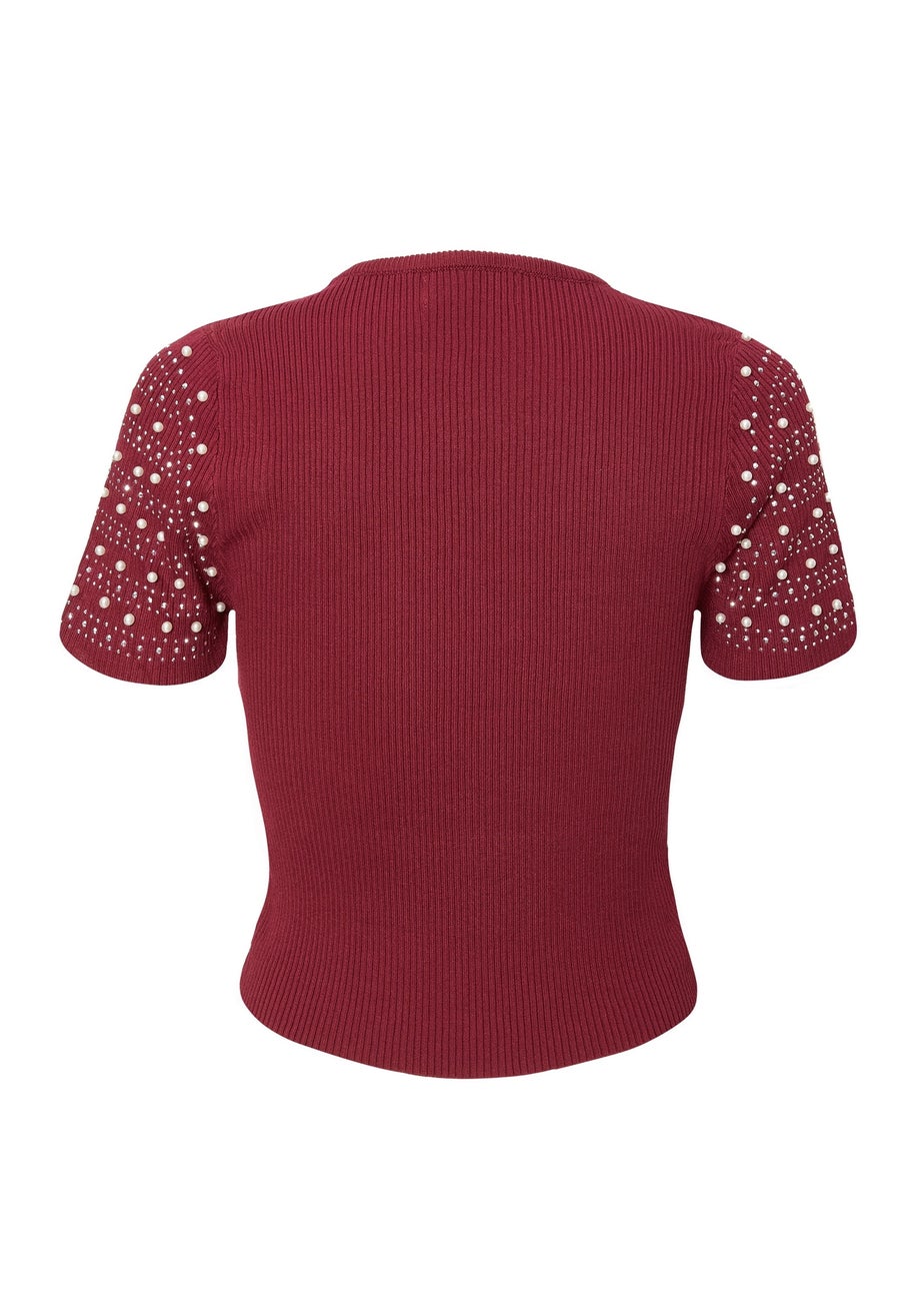 Quiz Burgundy Knit Embellished Crop Top