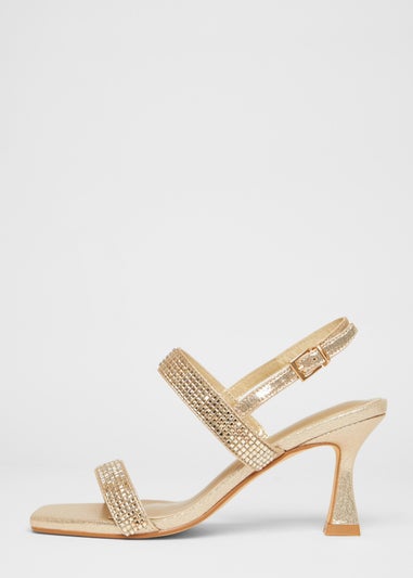 Quiz Gold Wide Fit Diamante Strappy Heels