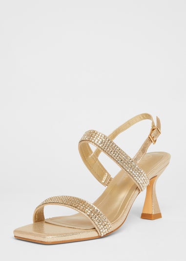 Quiz Gold Wide Fit Diamante Strappy Heels