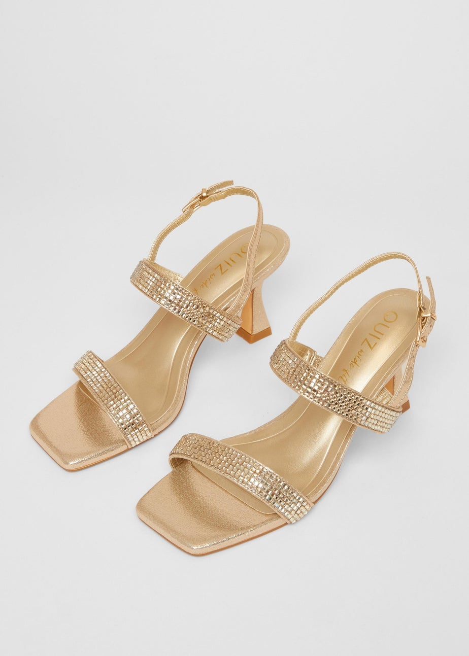 Quiz Gold Wide Fit Diamante Strappy Heels