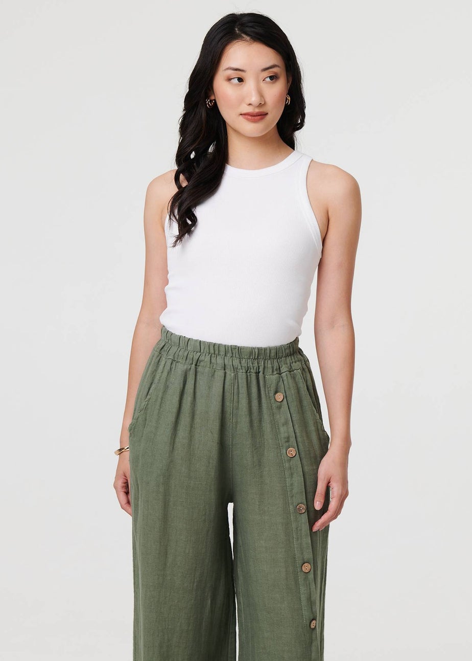 Izabel London Khaki Button Detail Wide High Waist Trousers