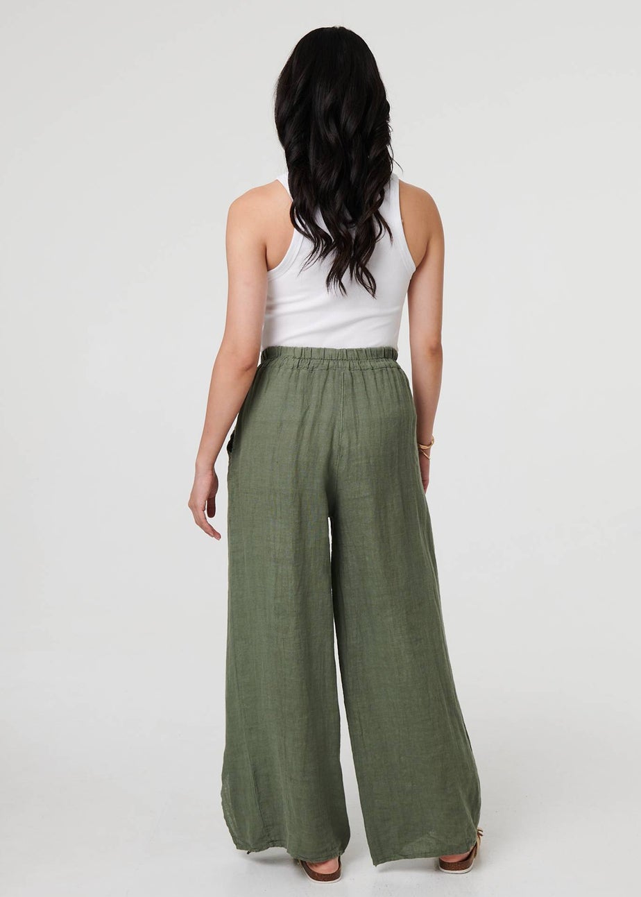 Izabel London Khaki Button Detail Wide High Waist Trousers