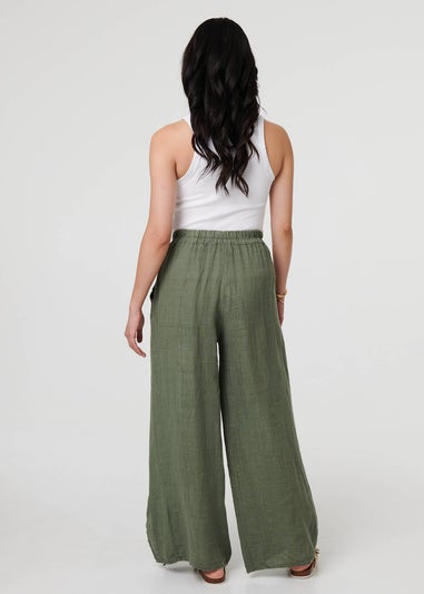 Izabel London Khaki Button Detail Wide High Waist Trousers