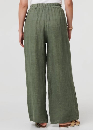 Izabel London Khaki Button Detail Wide High Waist Trousers