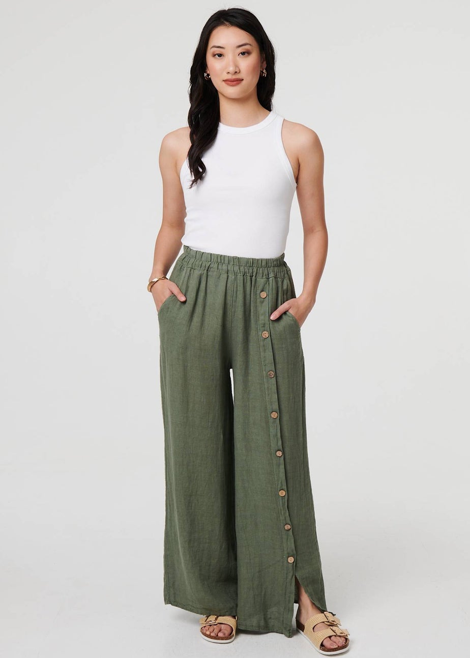 Izabel London Khaki Button Detail Wide High Waist Trousers