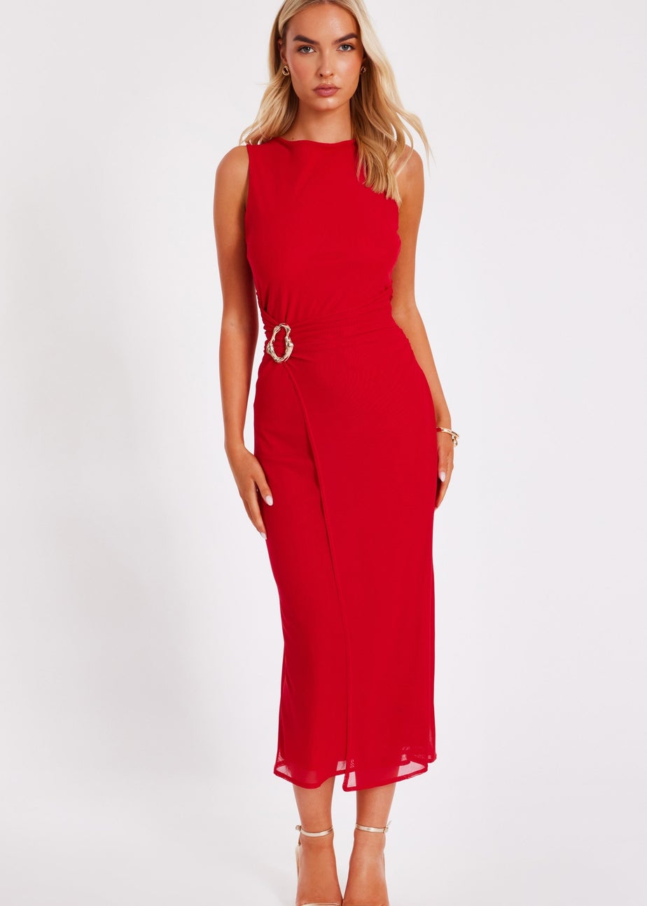 Quiz Red Mesh Buckle Midaxi Dress