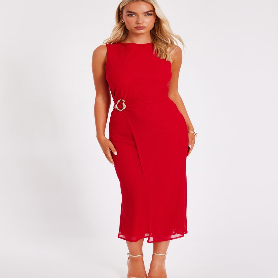 Quiz Red Mesh Buckle Midaxi Dress