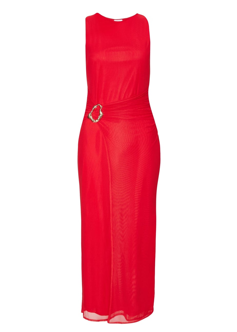 Quiz Red Mesh Buckle Midaxi Dress