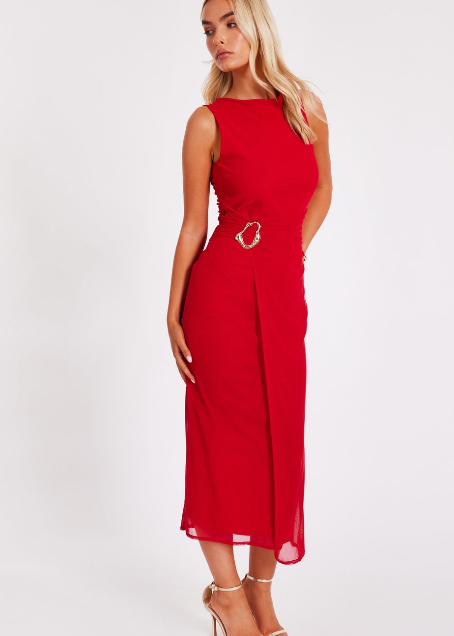 Quiz Red Mesh Buckle Midaxi Dress