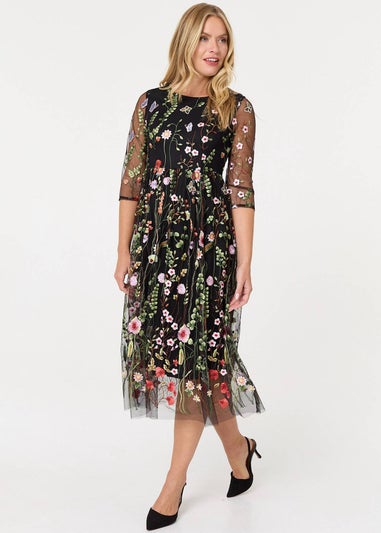 Izabel London Black Floral Embroidered Mesh Midi Dress