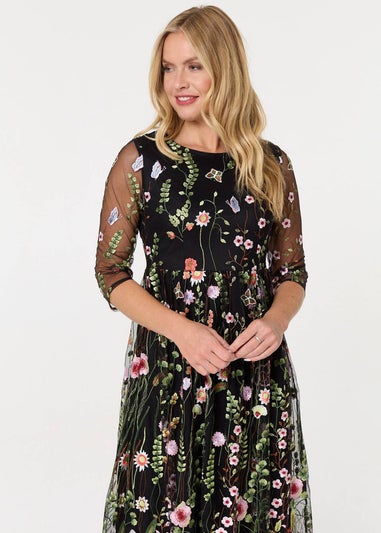 Izabel London Black Floral Embroidered Mesh Midi Dress