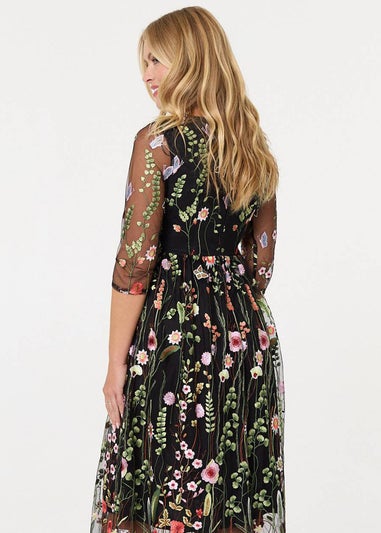 Izabel London Black Floral Embroidered Mesh Midi Dress