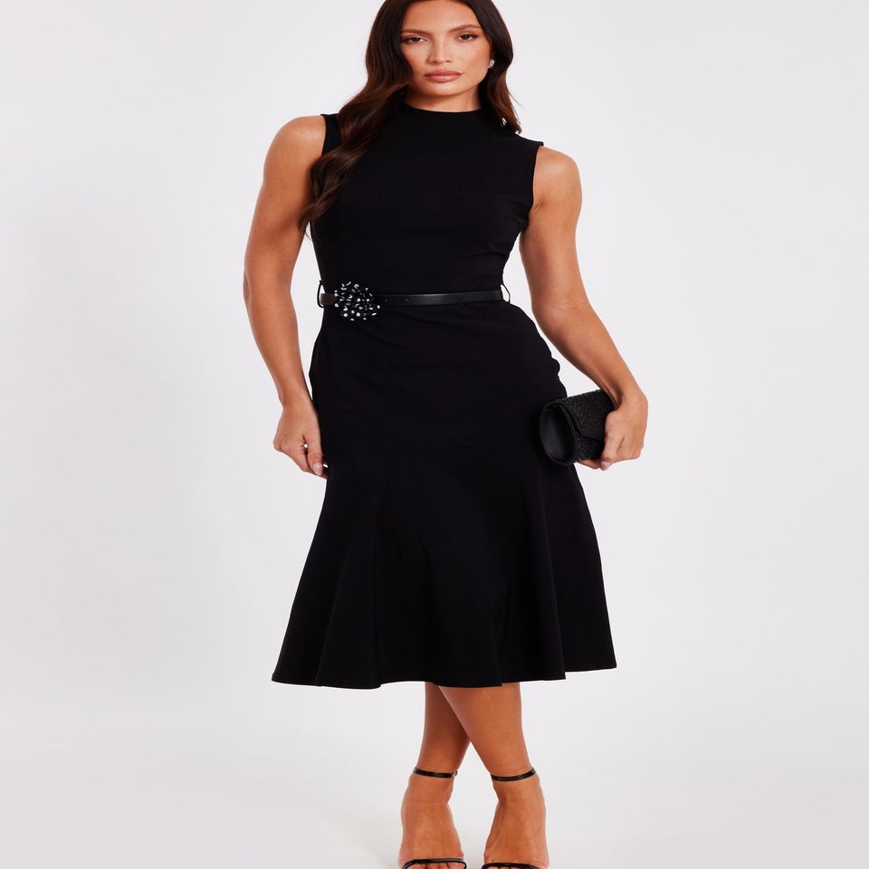 Quiz Black Corsage Belt Midi Dress