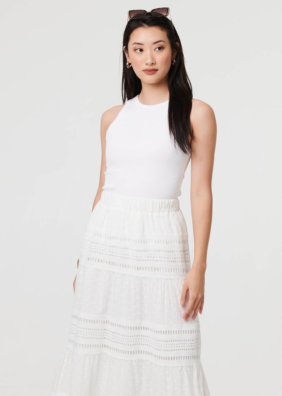 Izabel London White High Waist Lace Trim Tiered Maxi Skirt