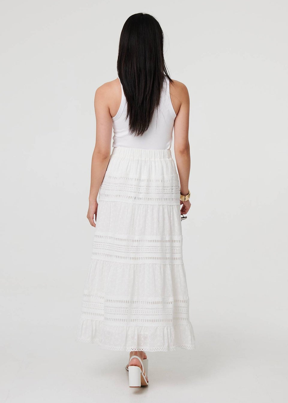 Izabel London White High Waist Lace Trim Tiered Maxi Skirt