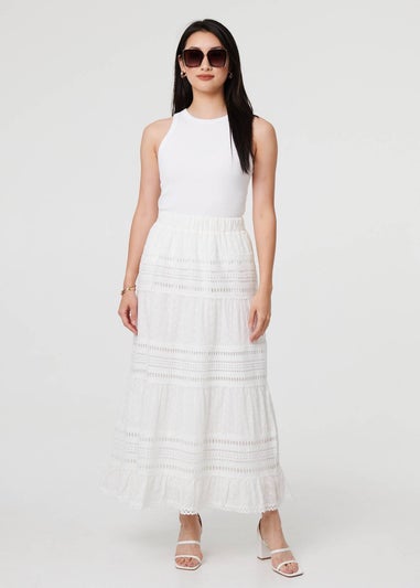 Izabel London White High Waist Lace Trim Tiered Maxi Skirt