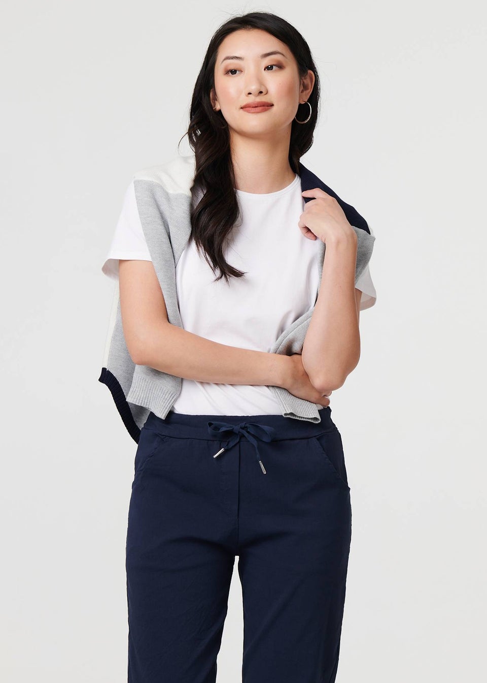 Izabel London Navy Drawstring Tie Waist Tapered Trousers