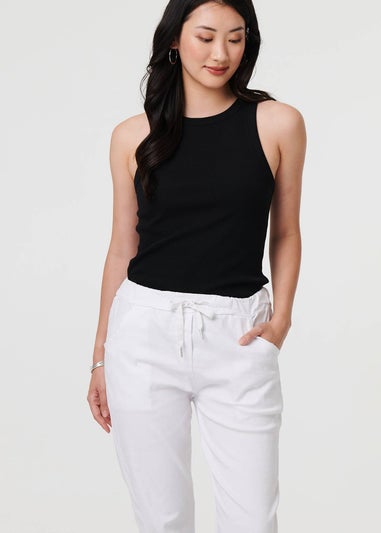 Izabel London White Drawstring Tie Waist Tapered Trousers