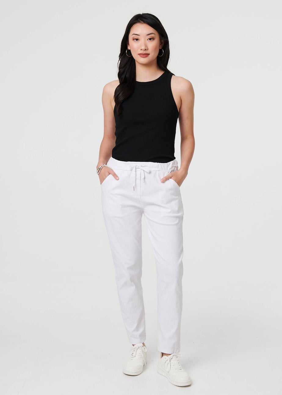 Izabel London White Drawstring Tie Waist Tapered Trousers