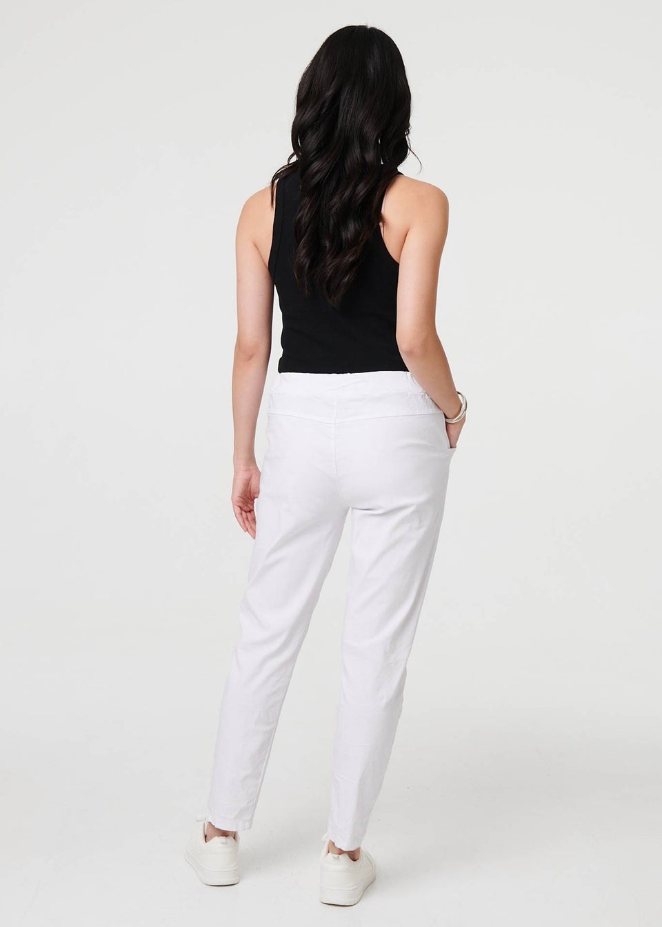Izabel London White Drawstring Tie Waist Tapered Trousers