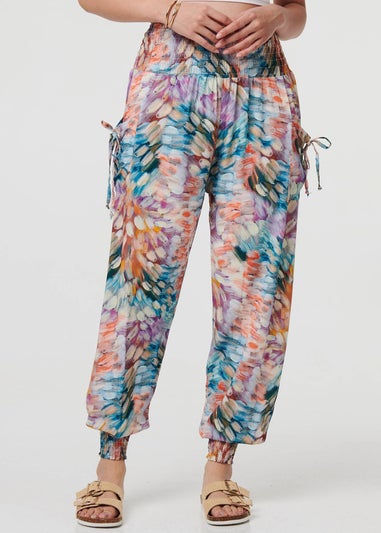 Izabel London Blue Printed High Waist Shirred Harem Pants