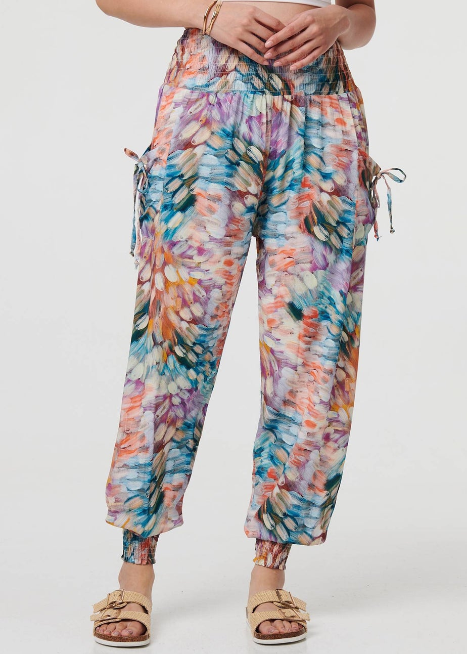 Izabel London Blue Printed High Waist Shirred Harem Pants