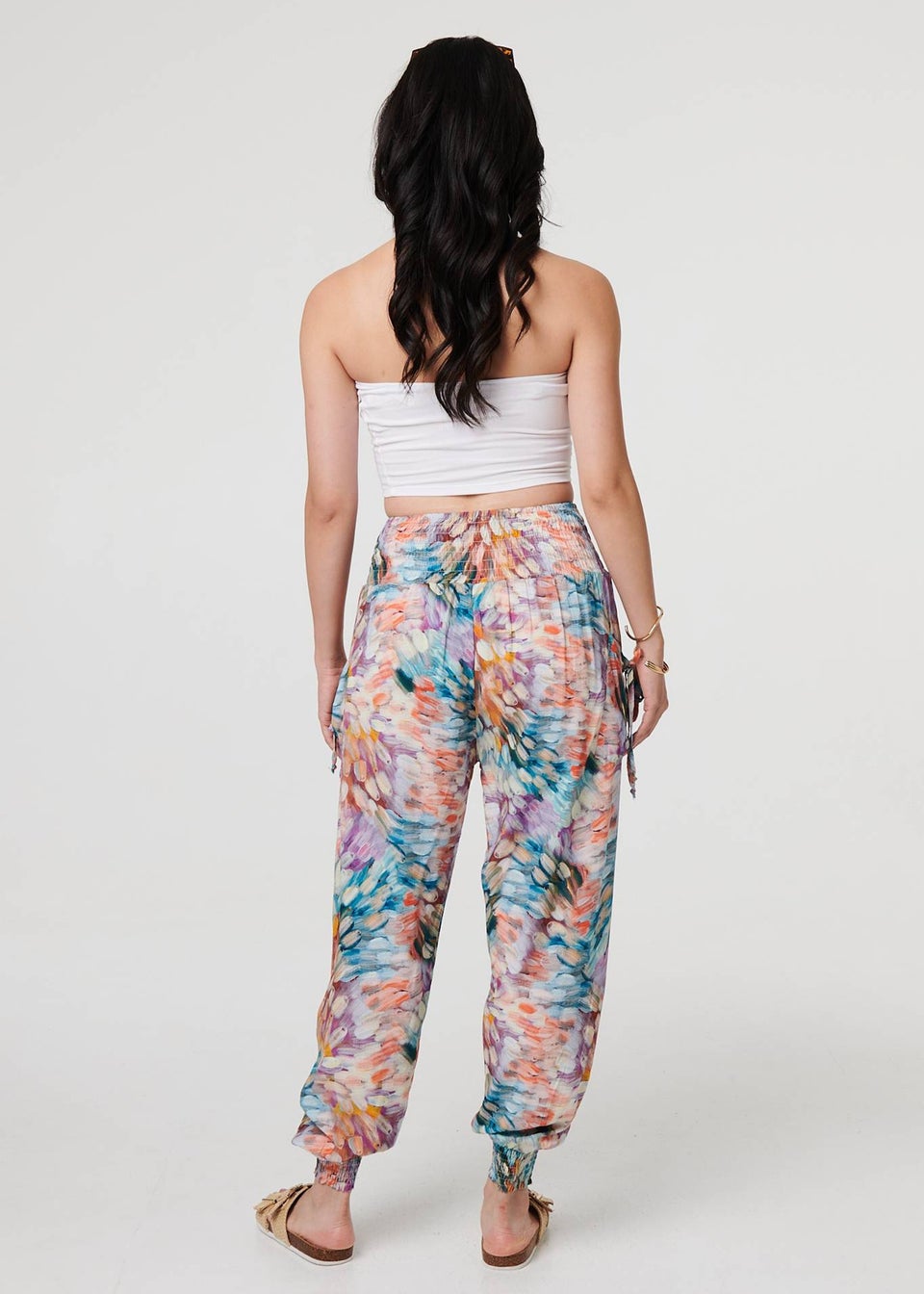 Izabel London Blue Printed High Waist Shirred Harem Pants