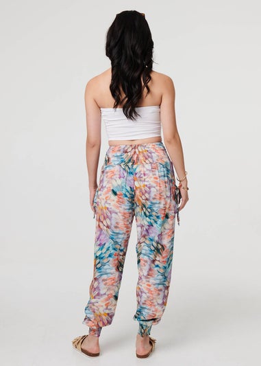 Izabel London Blue Printed High Waist Shirred Harem Pants