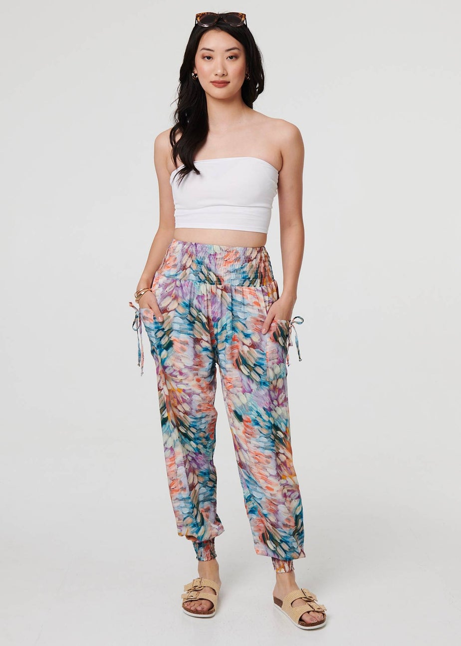 Izabel London Blue Printed High Waist Shirred Harem Pants