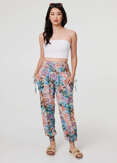 Izabel London Blue Printed High Waist Shirred Harem Pants