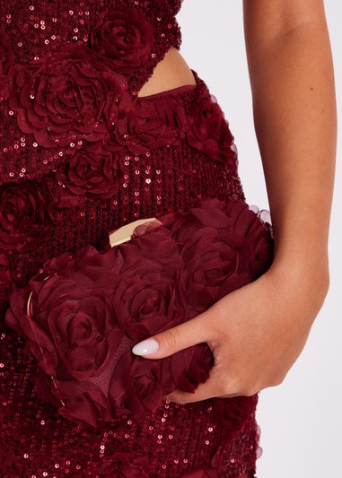 Quiz Burgundy Organza Rose Box Bag