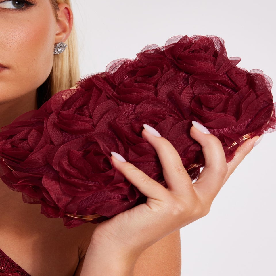 Quiz Burgundy Organza Rose Box Bag