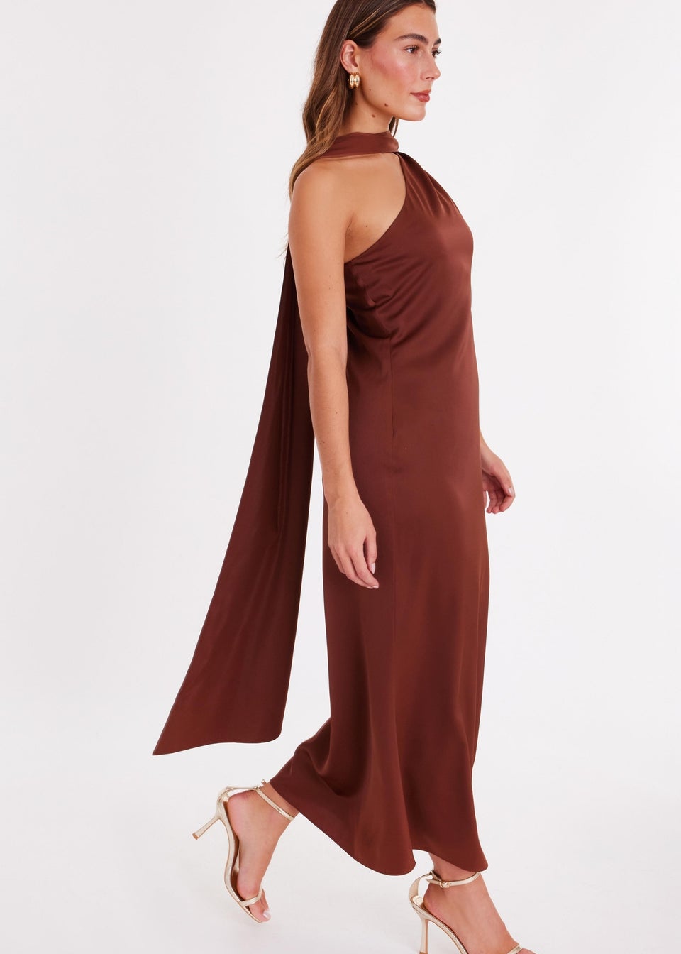 Quiz Brown Satin Wrap Neck Midaxi Dress