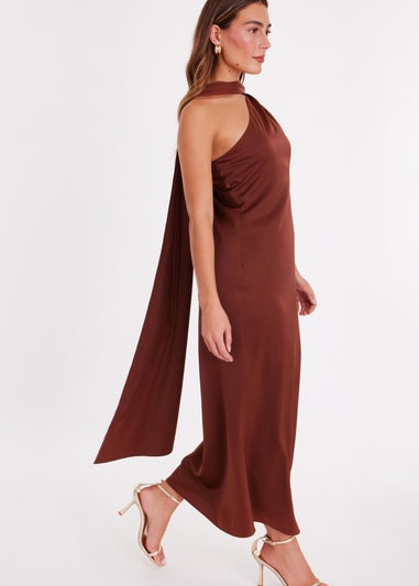 Quiz Brown Satin Wrap Neck Midaxi Dress