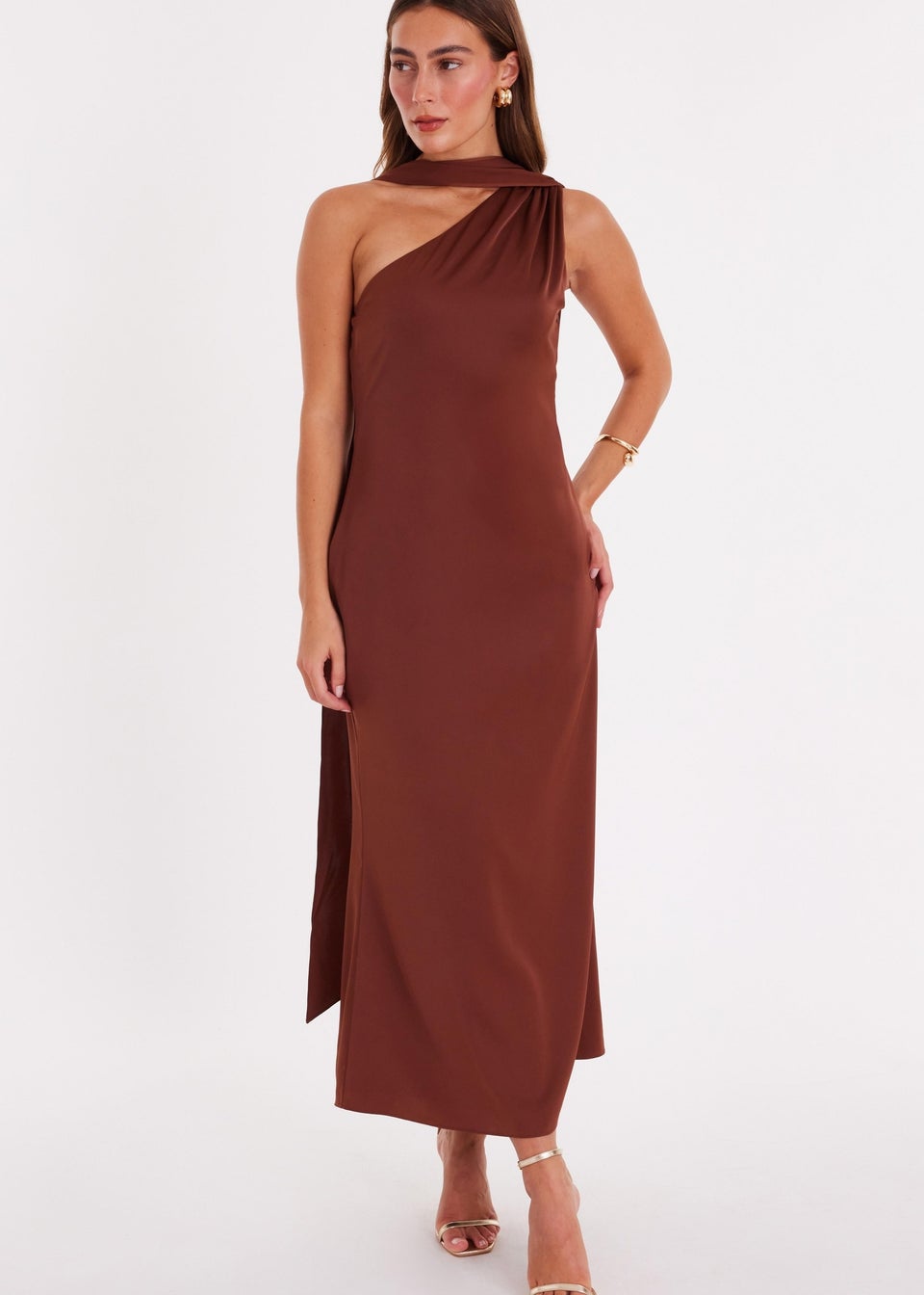 Quiz Brown Satin Wrap Neck Midaxi Dress