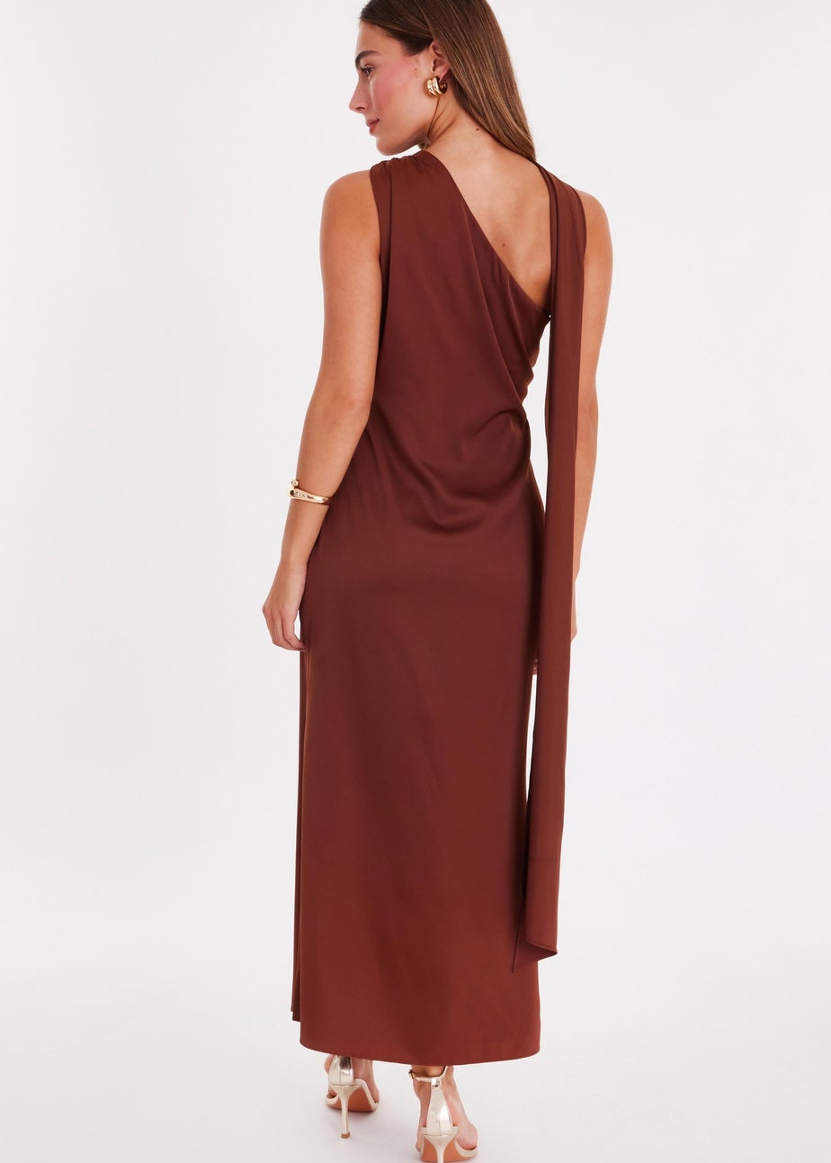 Quiz Brown Satin Wrap Neck Midaxi Dress