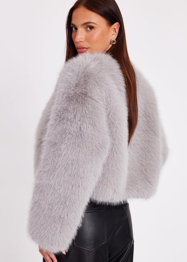 Quiz Grey Collarless Faux Fur Jacket