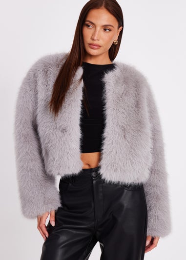 Quiz Grey Collarless Faux Fur Jacket