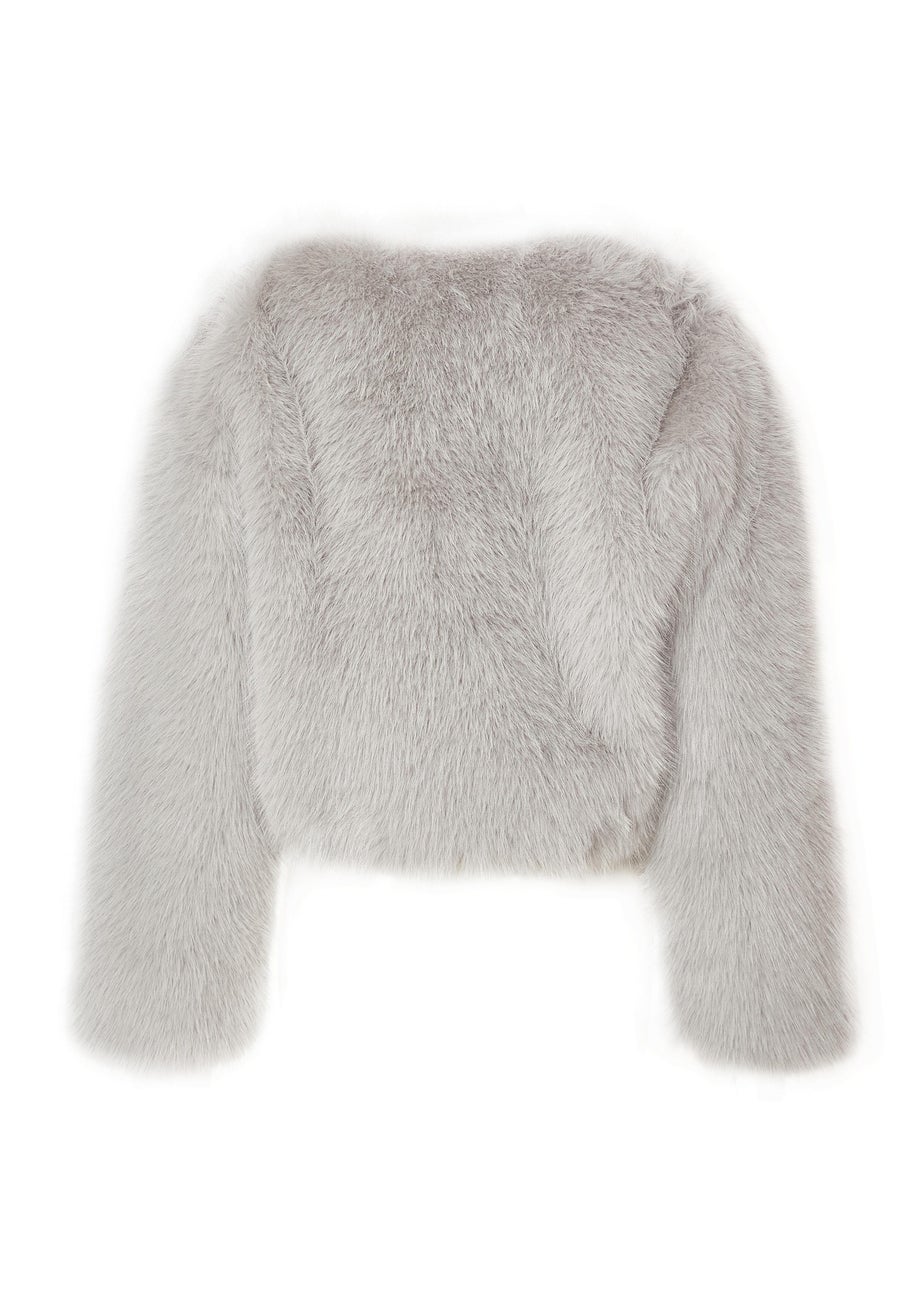 Quiz Grey Collarless Faux Fur Jacket